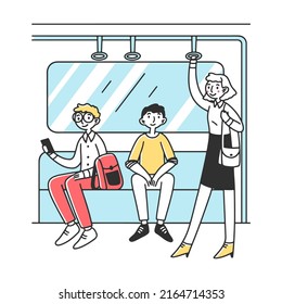 Men and women in public transport. People using subway flat vector illustration. City dwellers in metro, tube or underground train