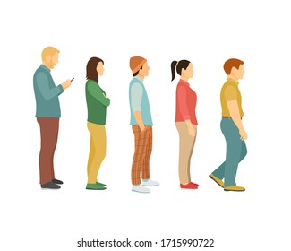 men and women queue, one after another full view side. flat vector illustration