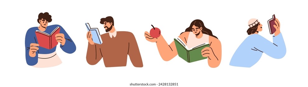 Men, women readers with books set. Characters reading interesting literature. Students, studying, learning. Excited people with novels. Flat graphic vector illustrations isolated on white background