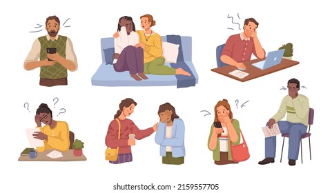 Men and women reading bad news in internet or newspapers. Worried and upset people, shocked by events. Sad and depressed about situation. Flat cartoon character, vector illustration
