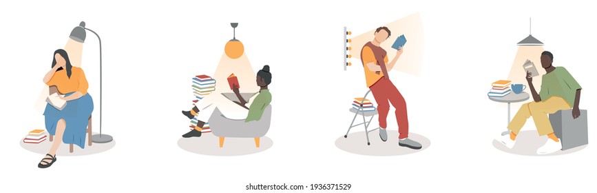 Men and women reading books. Flat vector illustration. 