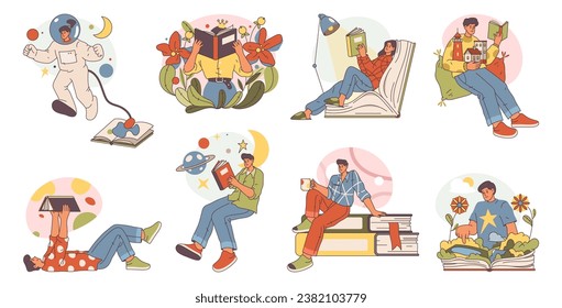 Men and women reading books at home, enjoying novel fiction world and developing imagination skills. Hobby and pastime for people, gaining knowledge. Flat cartoon style character vector