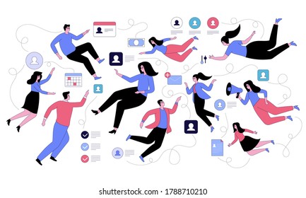 Men and women recruit new employees, vacancy announcement, new position, career growth. Vector character illustration of online head hunting, searches social media profiles of applicants, recruitment