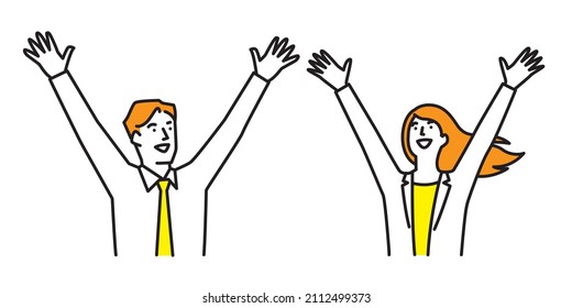 Men and women rejoicing with their hands in the air
