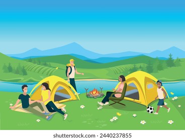 Men and women relax in a camp near the river. People with tents in nature. Active holiday with friends. An image of relaxation and travel. Vector illustration.