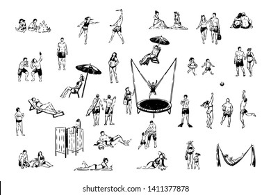 Men and women relax at resort, friends playing volleyball, child jumping on trampoline, people on beach set. Active summer recreation, summertime leisure concept sketch. Hand drawn vector illustration