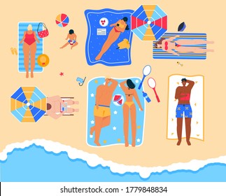 Men and women relax at seaside resort, read book, sunbathe on towel, eat summer fruits, spend time together on sea coast. Happy people sunbathing on beach in top view. Vector character illustration