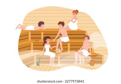 Men and women relaxing in steam sauna, flat vector illustration isolated on white background. People in public sauna. Concepts of healthcare, spa and wellness.