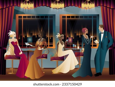 Men and women in a restaurant drinking cocktails. art deco party