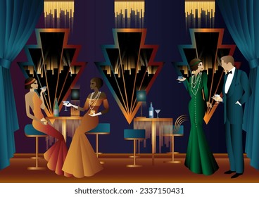 Men and women in a restaurant drinking cocktails. art deco party