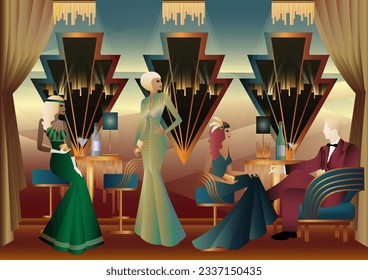 Men and women in a restaurant drinking cocktails. art deco party