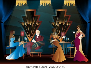 Men and women in a restaurant drinking cocktails. art deco party