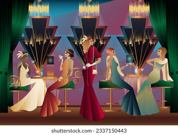 Men and women in a restaurant drinking cocktails. art deco party