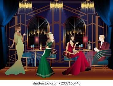 Men and women in a restaurant drinking cocktails. art deco party