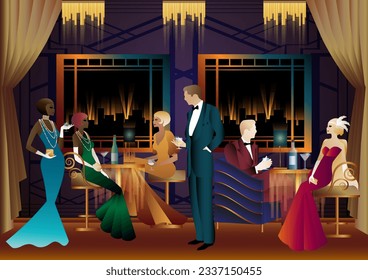 Men and women in a restaurant drinking cocktails. art deco party