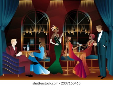 Men and women in a restaurant drinking cocktails. art deco party