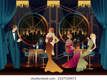 Men and women in a restaurant drinking cocktails. art deco party