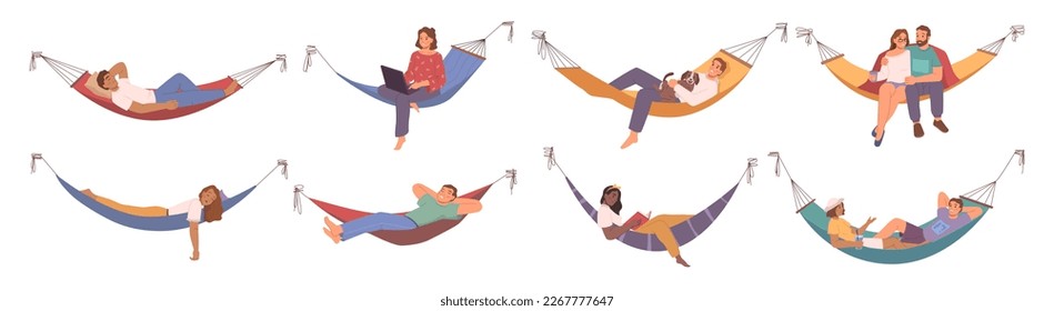 Men and women resting in hammocks, people lying and relaxing. Isolated personages reading book or working on laptop. Flat cartoon, vector illustration