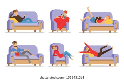 Men and women are resting on blue sofas. Vector illustration.