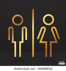 Men And Women Restroom Icon In Black Background, Men And Women Bathroom Golden Sign.Toilet Vector Icon For Any Use. Vector Illustrator.