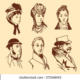 men and women in retro style on beige background