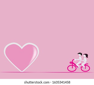 Men and women ride bicycles happily and love each other.Pink hearts are waiting for them in front.