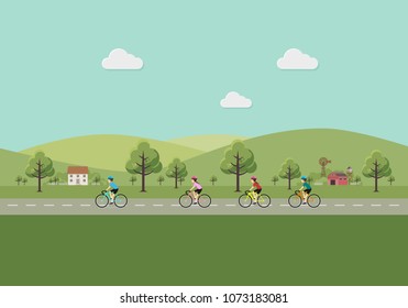 Men and women riding bicycles in the countryside. vector illustration.