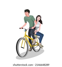 men and women riding bicycles together.Men ride bicycles while women sit on the back of a bicycle.They both wore jeans, t-shirts, and sneakers.Isolated vector illustration on a white background.