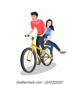 men and women riding bicycles together.Men ride bicycles while women sit on the back of a bicycle.They both wore jeans, t-shirts, and sneakers.Isolated vector illustration on a white background.