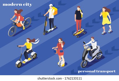 Men and women riding bike unicycle scooter roller skates skateboard around city isometric background 3d vector illustration