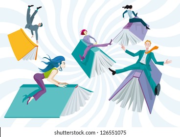 Men and women riding books like bulls in a Wild West rodeo. Metaphor of the exciting adventure of reading and learning.