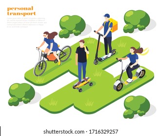 Men And Women Riding Personal Eco Friendly Transport In Park Isometric Composition 3d Vector Illustration