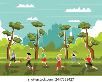 Men and women run a marathon. People run along a country road outside the city. Vector graphics