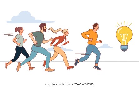 Men and women running after idea. Glowing electric light bulb, searching for solutions, competitive struggle, running race, business creative achieve cartoon flat isolated vector concept