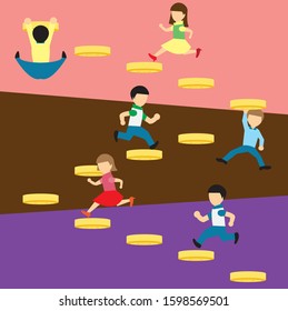 men and women running and hanging on golden coin ladder cartoon vector