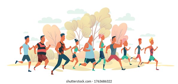 Men and women running marathon race on nature