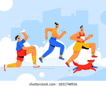 Men and women running marathon race. People in sports uniforms jogging in city. Vector character illustration of sport competitions, athletics event, triathlon championship , healthy lifestyle