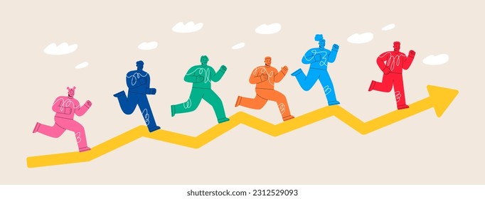 A men and women running on arrows graph of progress, success concept. Colorful vector illustration