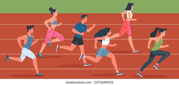 Men and women running on race track. Training to marathon. Modern flat cartoon illustration