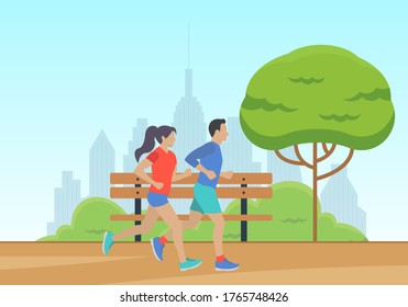 Men and Women running in the park with cityscape. Couple jogging. Marathon race concept. Sport and fitness design template with runners and athletes in flat style. Vector illustration.