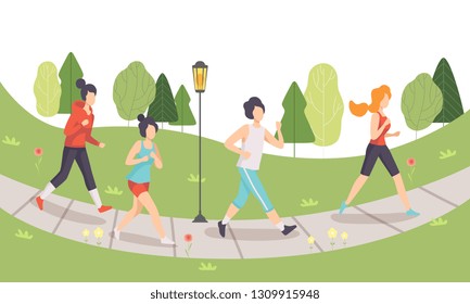 Men and Women Running in Park, People Doing Physical Activities Outdoors, Healthy Lifestyle and Fitness Vector Illustration