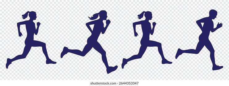 Men and women Running, People doing running exercises are isolated on a white background. jogging exercise silhouette set. Man and Woman silhouettes. Variety Design. EPS 10