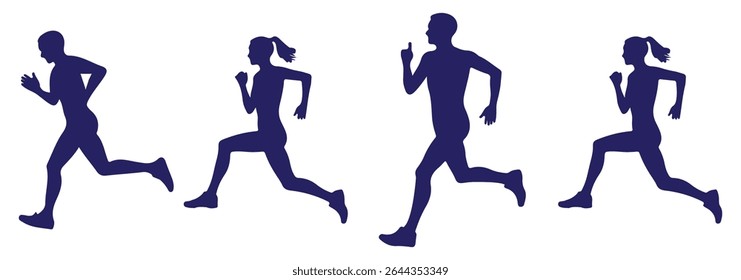Men and women Running, People doing running exercises are isolated on a white background. jogging exercise silhouette set. Man and Woman silhouettes. Variety Design. EPS 10