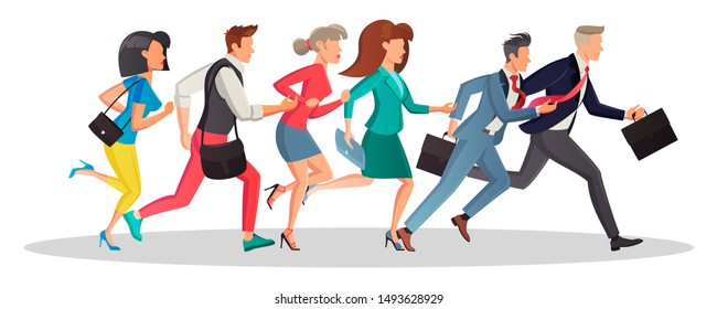 Men and women running in the same direction to work, meeting in morning. Business people are late and hurry up. Motivation, competition, deadline, sale concept. Vector cartoon isolated on white.