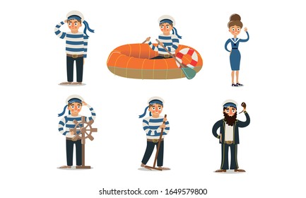 Men and women sailors in traditional blue uniform vector illustration