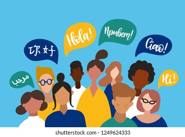 Men and women say Hello in different languages, flat icons. Vector illustration of people, international teamwork with speech bubbles in minimalist style. Used for web, social networks, users app.