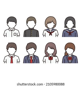 Men And Women In School Uniform, Icon Illustration Set