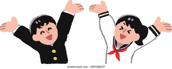 Men and women in school uniforms rejoicing with both hands raised