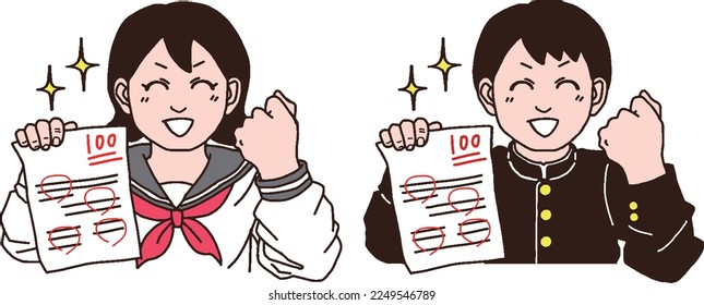 Men and women in school uniforms who pose with a test with a perfect score of 100