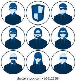 Men and women of the security agents occupation. Set of flat vector avatars of male and female silhouettes of bodyguard people for user profile picture.